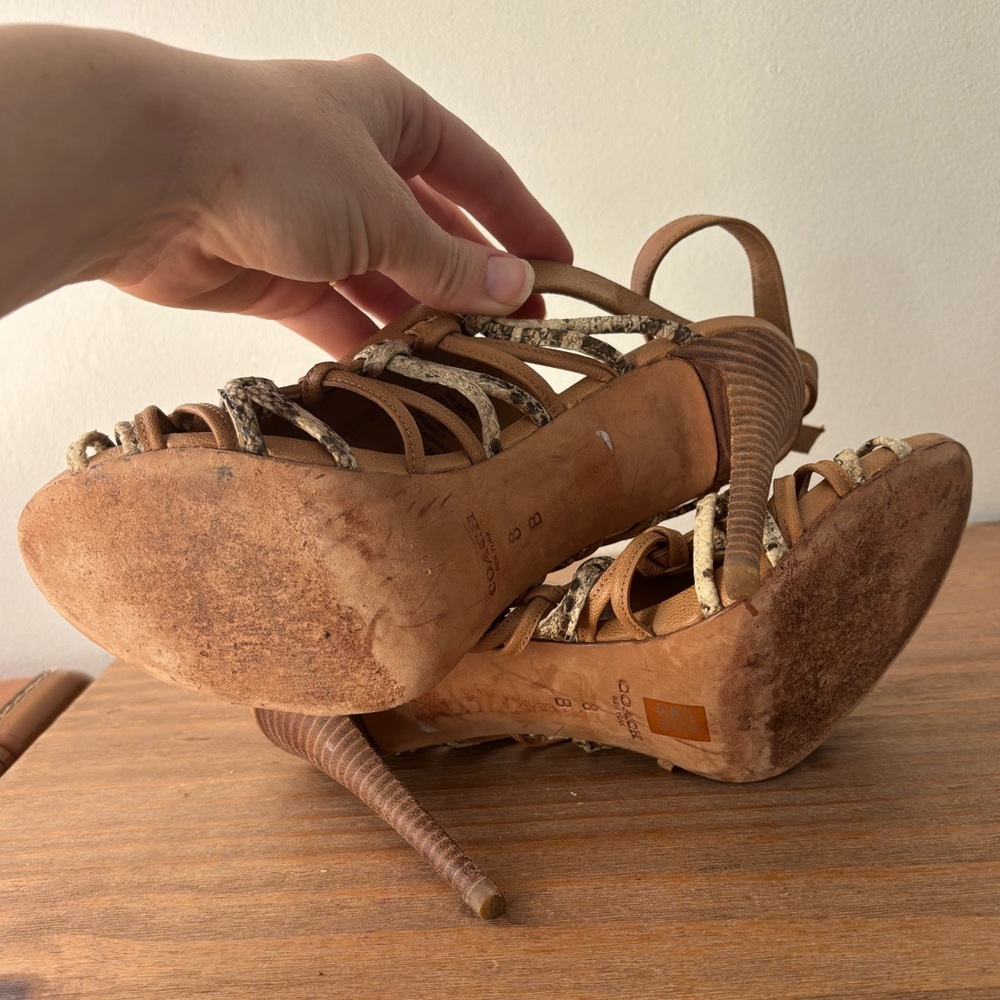 COACH Jody tan brown python snake detail leather sandal heels 8 $268 - Picture 7 of 9